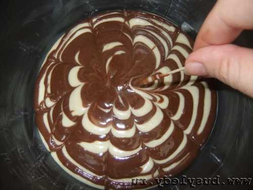 На смазанный маслом или выстланный пергаментом лист выкладывают ранее приготовленное тесто по очереди в центр противня кладут ложку темного теста, в центр шоколадного теста выкладывают светлое тесто, после снова темное, потом светлое и т